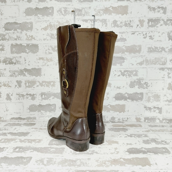 Civic Lila Brown Leather Elastic Calrf Block Heel Side Zip Tall Boots W20 - Picture 3 of 9